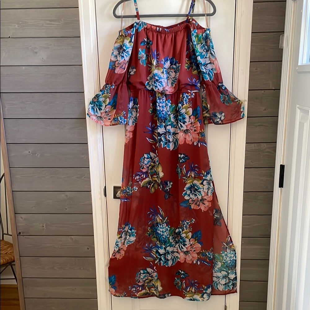 As U Wish Burgundy Red Ruched Off-the-Shoulder Maxi Dress M EUC